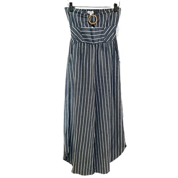 Coco + Jaimeson Pants - NWT Coco & Jamison Blue Pinstripe Linen Blend Wide Leg Strapless Jumpsuit Size S
